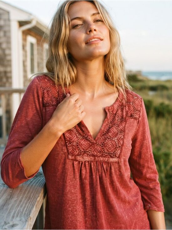 Lucky Brand Tops - Lucky Brand Women M Blouse Deep Red Cotton Crochet Embroidered Boho Statement